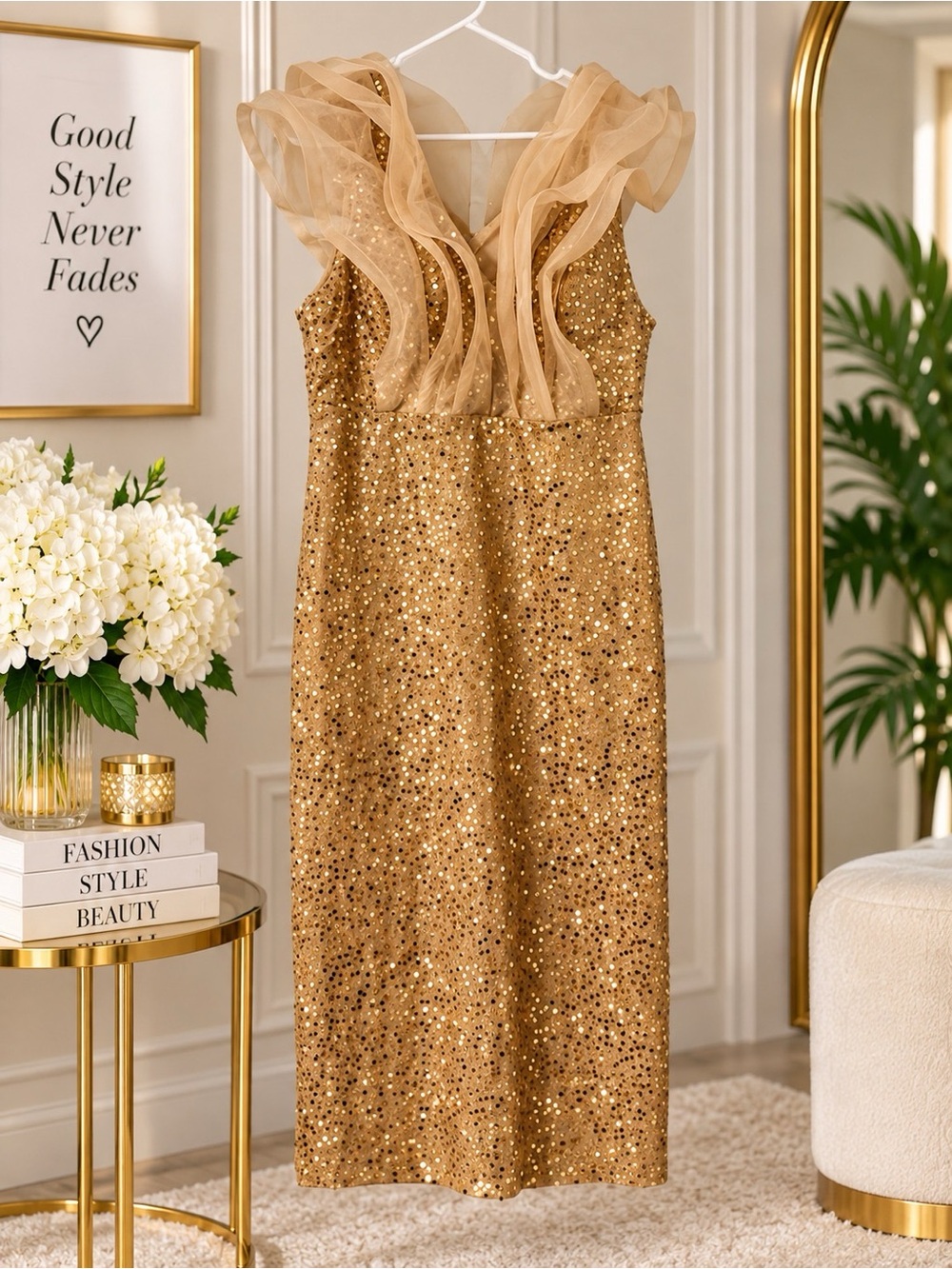 Gold Sequin Midi Dress with Ruffle Tulle Neckline